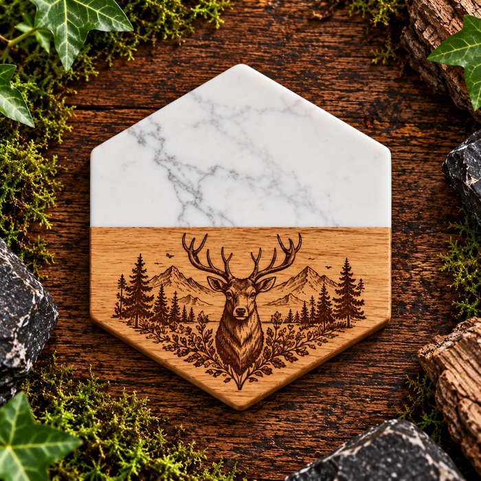 Marble & Wooden Coaster | Engraved Wildlife Design | Rustic Drink Mat | Unique Housewarming Gift