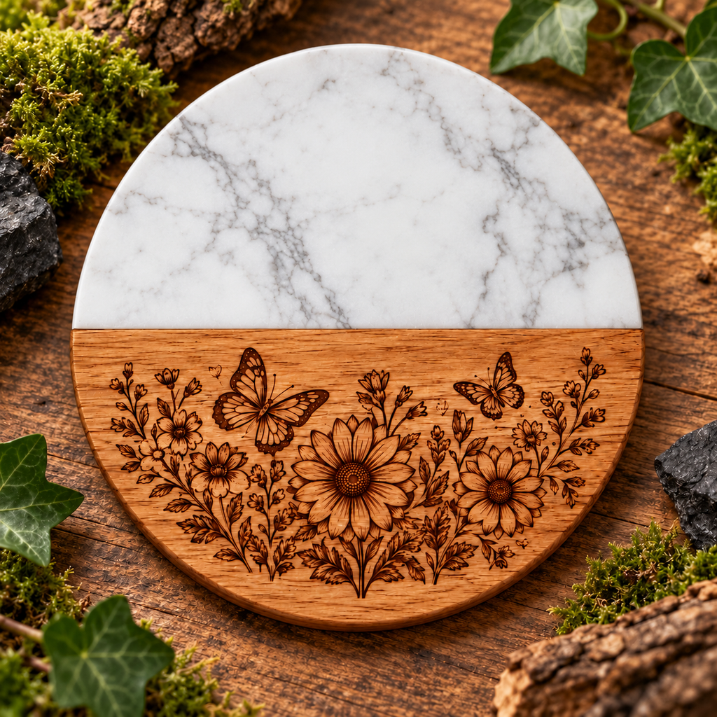 Marble & Wooden Coaster | Engraved Wildlife Design | Rustic Drink Mat | Unique Housewarming Gift