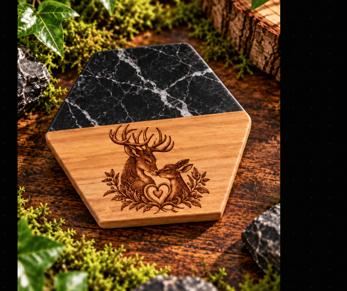 Marble & Wooden Coaster | Engraved Wildlife Design | Rustic Drink Mat | Unique Housewarming Gift