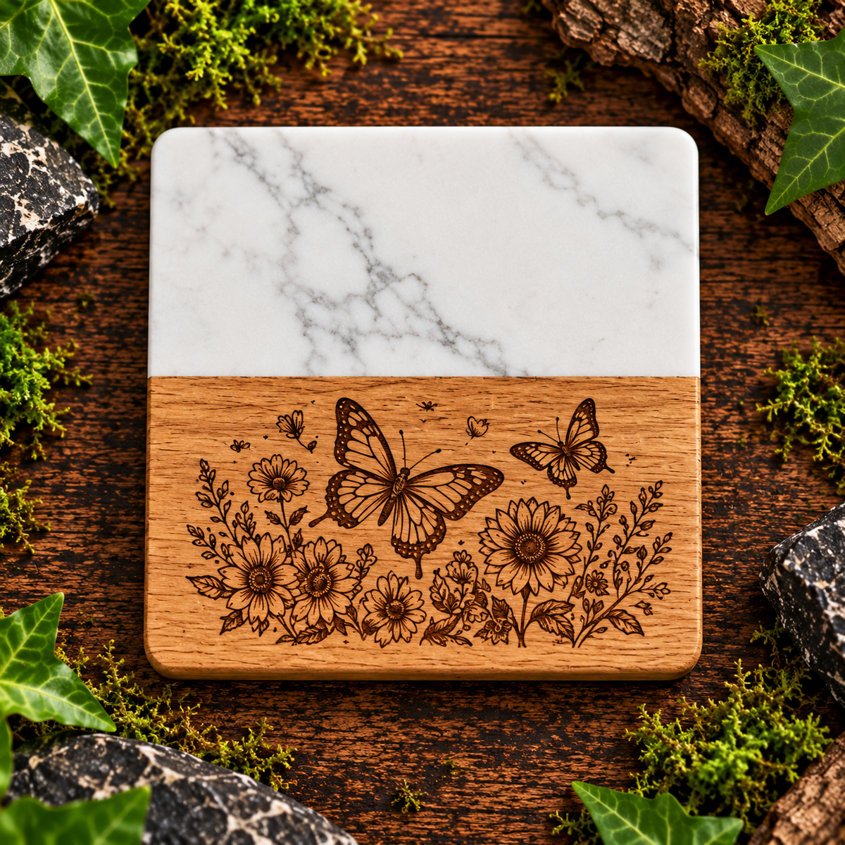 Marble & Wooden Coaster | Engraved Wildlife Design | Rustic Drink Mat | Unique Housewarming Gift