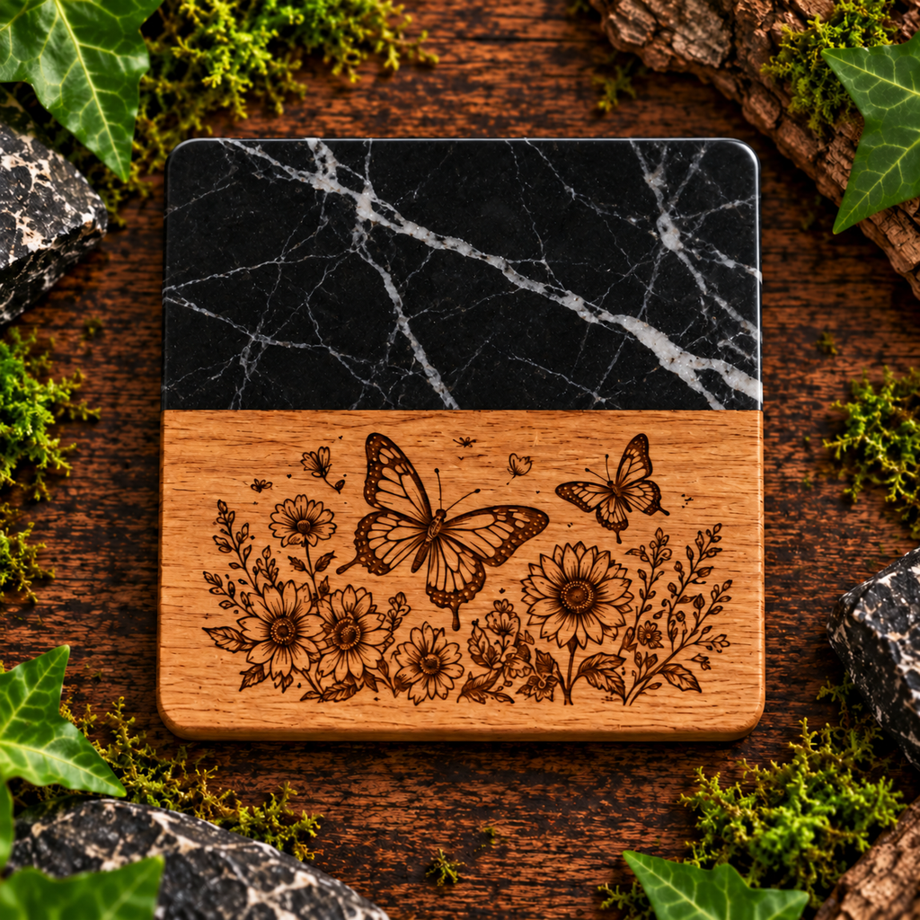 Marble & Wooden Coaster | Engraved Wildlife Design | Rustic Drink Mat | Unique Housewarming Gift