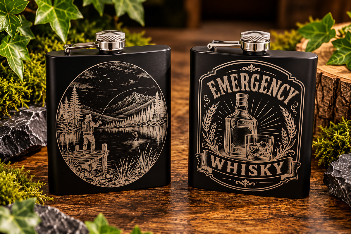 8oz Engraved Whisky Hip Flask | Black Stainless Steel Flask | Unique Decorative Designs | Gift for Whisky Lovers