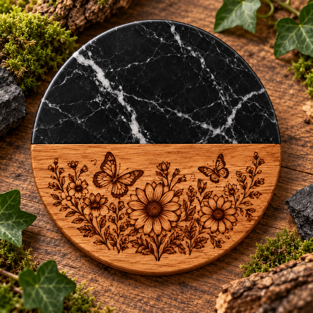 Marble & Wooden Coaster | Engraved Wildlife Design | Rustic Drink Mat | Unique Housewarming Gift