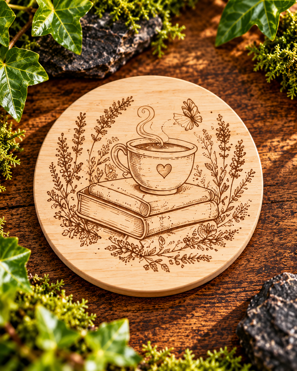 Engraved Wooden Coffee Coaster | Rustic Laser-Cut Drink Mat (Gift for Coffee Lovers)