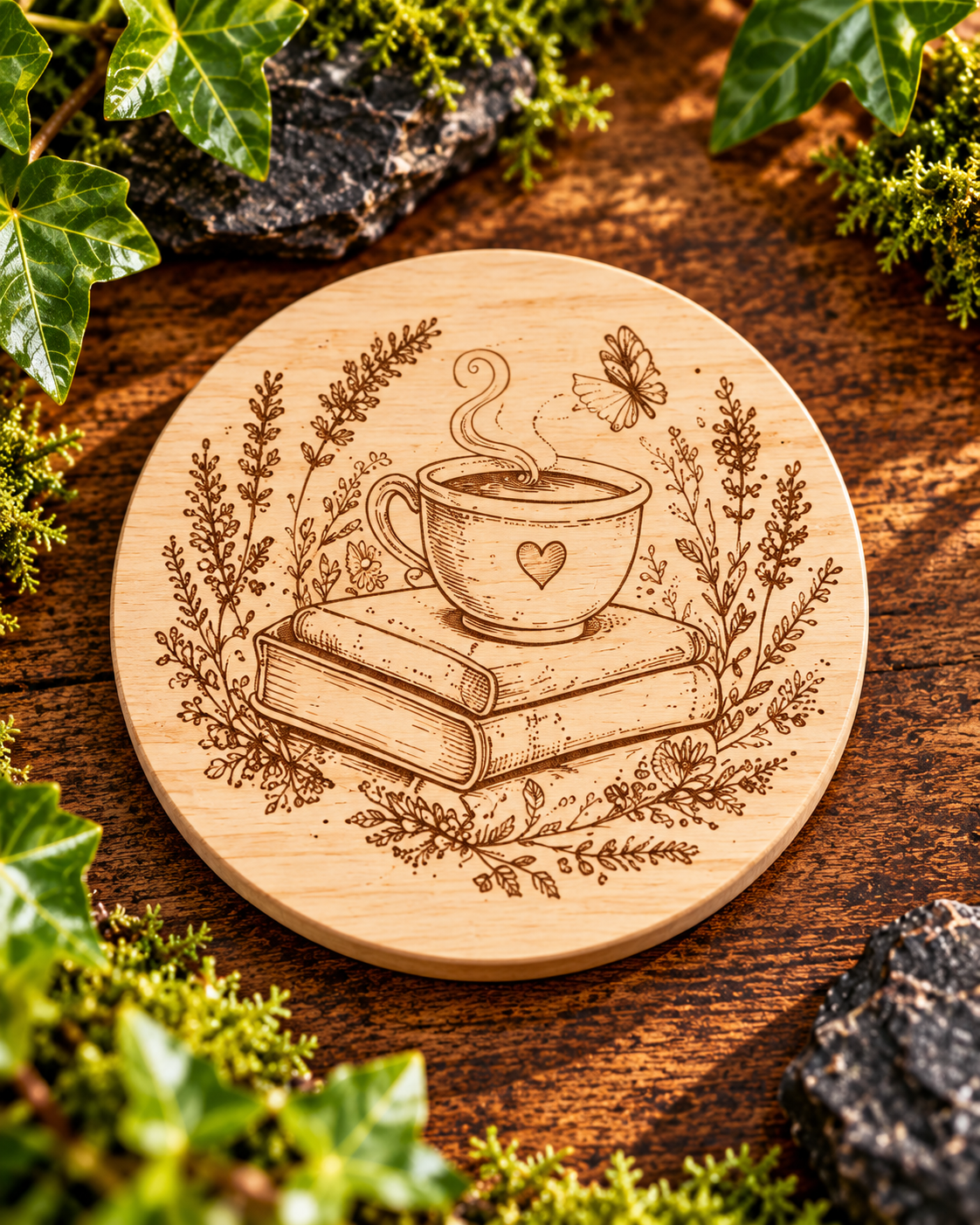 Engraved Wooden Coffee Coaster | Rustic Laser-Cut Drink Mat (Gift for Coffee Lovers)