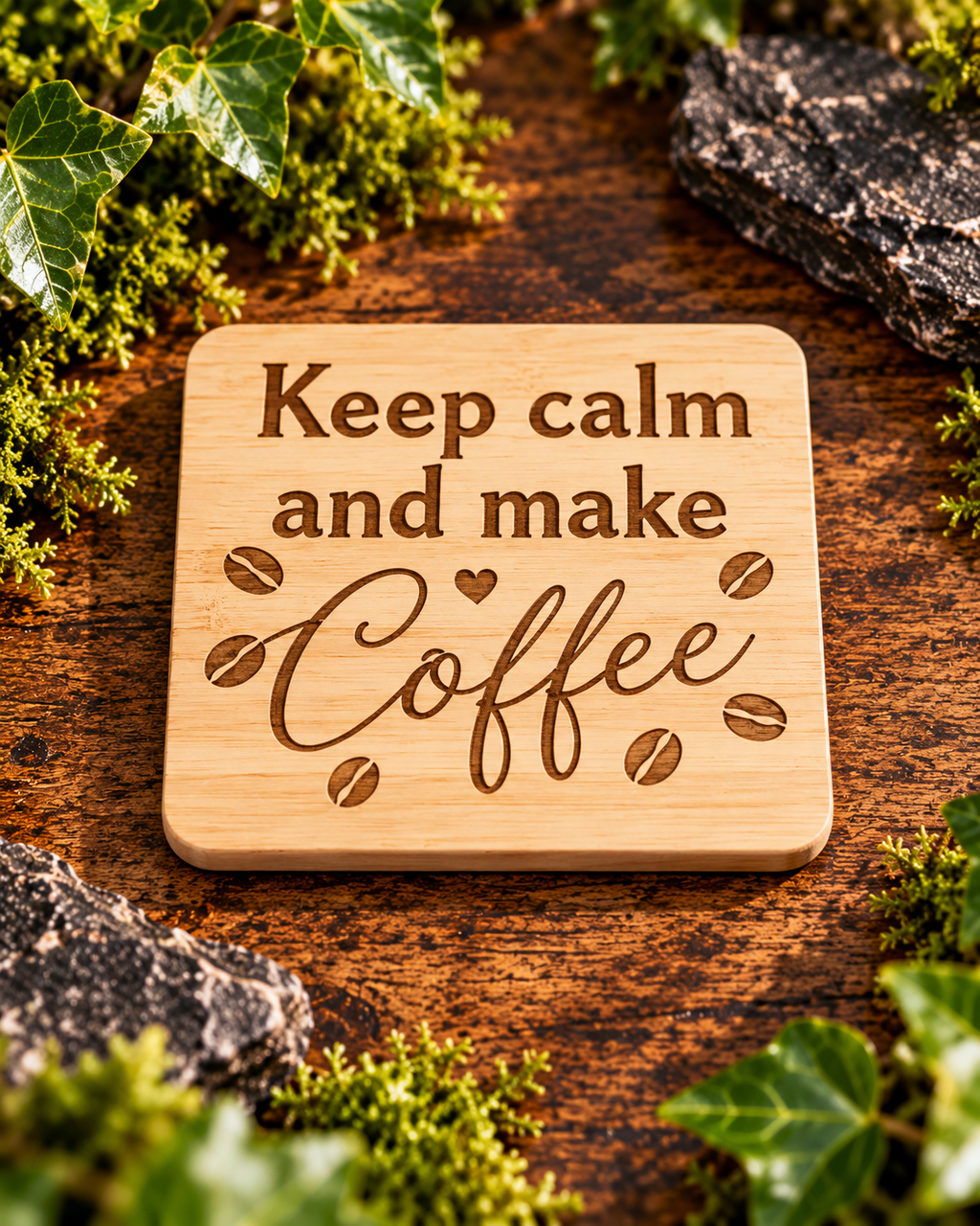 Engraved Wooden Coffee Coaster | Rustic Laser-Cut Drink Mat (Gift for Coffee Lovers)