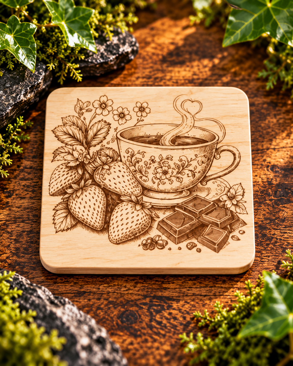 Engraved Wooden Coffee Coaster | Rustic Laser-Cut Drink Mat (Gift for Coffee Lovers)
