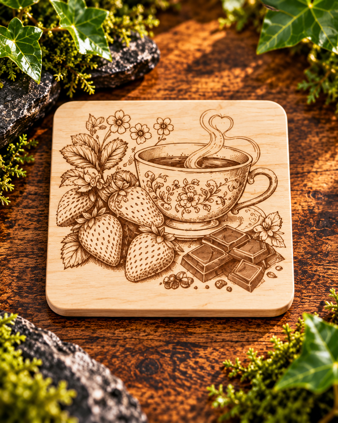 Engraved Wooden Coffee Coaster | Rustic Laser-Cut Drink Mat (Gift for Coffee Lovers)