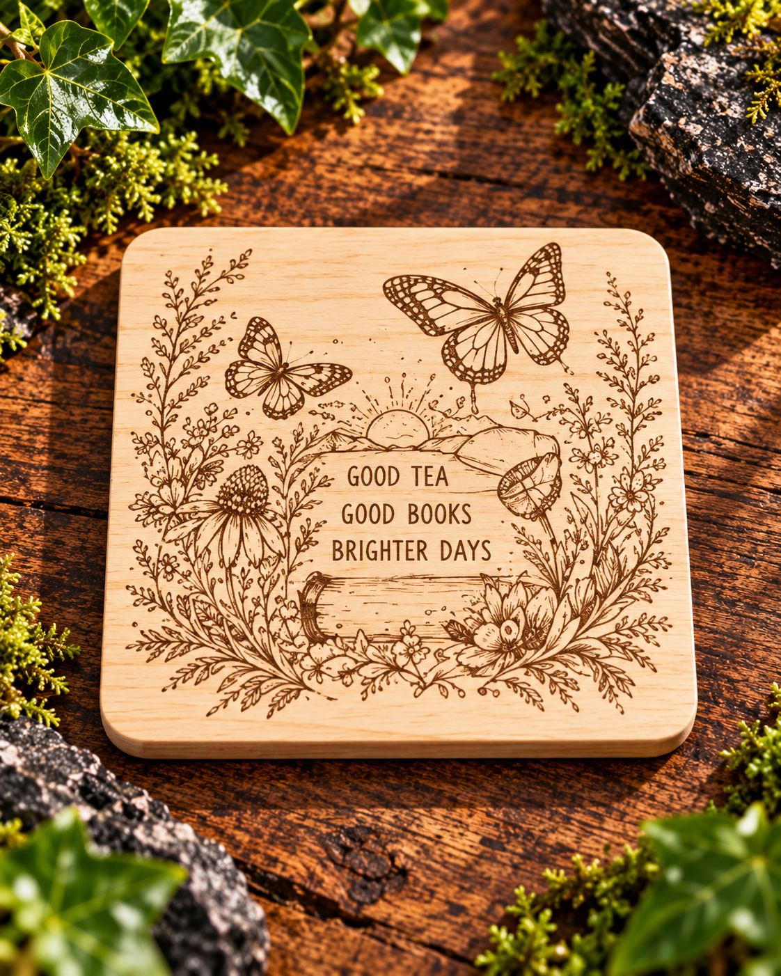 Engraved Wooden Coffee Coaster | Rustic Laser-Cut Drink Mat (Gift for Coffee Lovers)