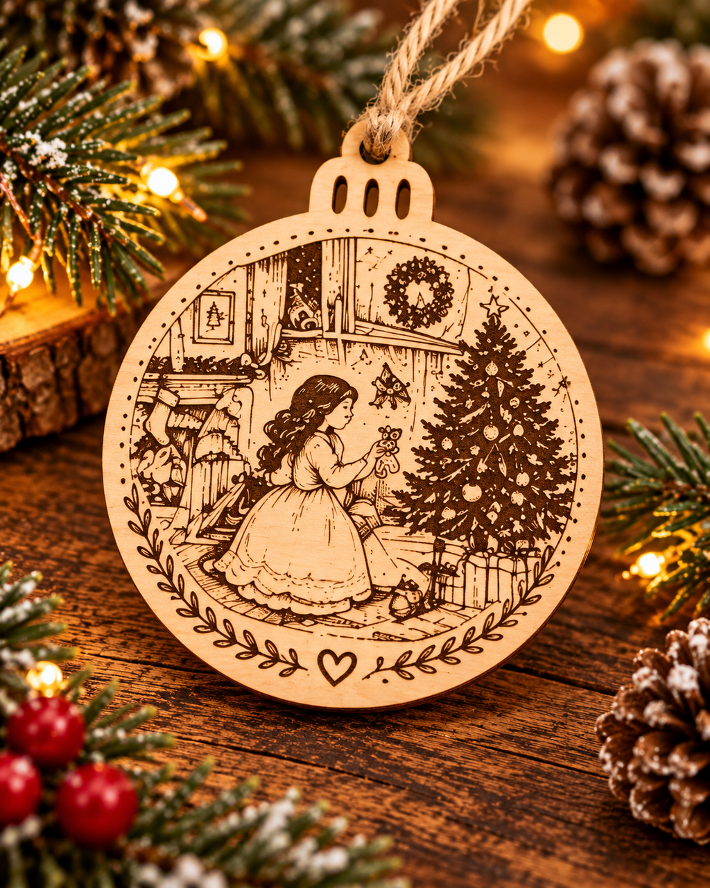 Engraved Wooden Christmas Tree Ornament | Rustic Festive Bauble | Handmade Christmas Decoration