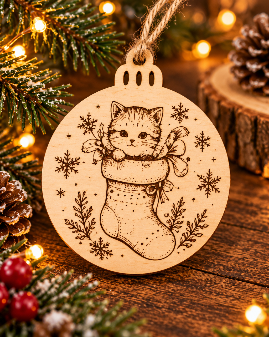 Engraved Wooden Christmas Tree Ornament | Rustic Festive Bauble | Handmade Christmas Decoration