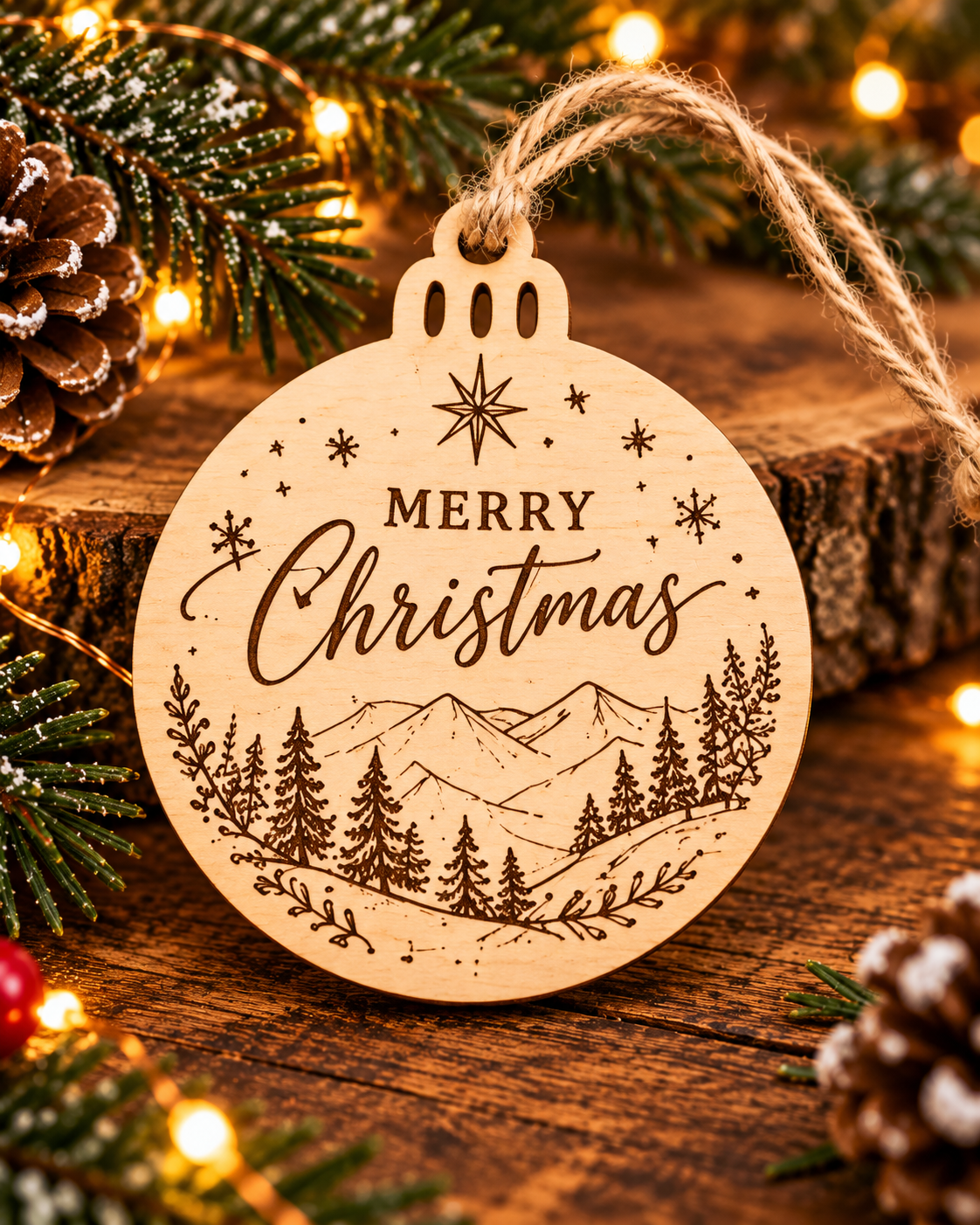 Engraved Wooden Christmas Tree Ornament | Rustic Festive Bauble | Handmade Christmas Decoration
