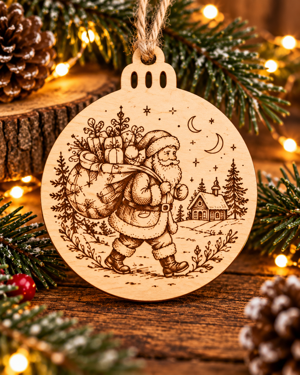 Engraved Wooden Christmas Tree Ornament | Rustic Festive Bauble | Handmade Christmas Decoration