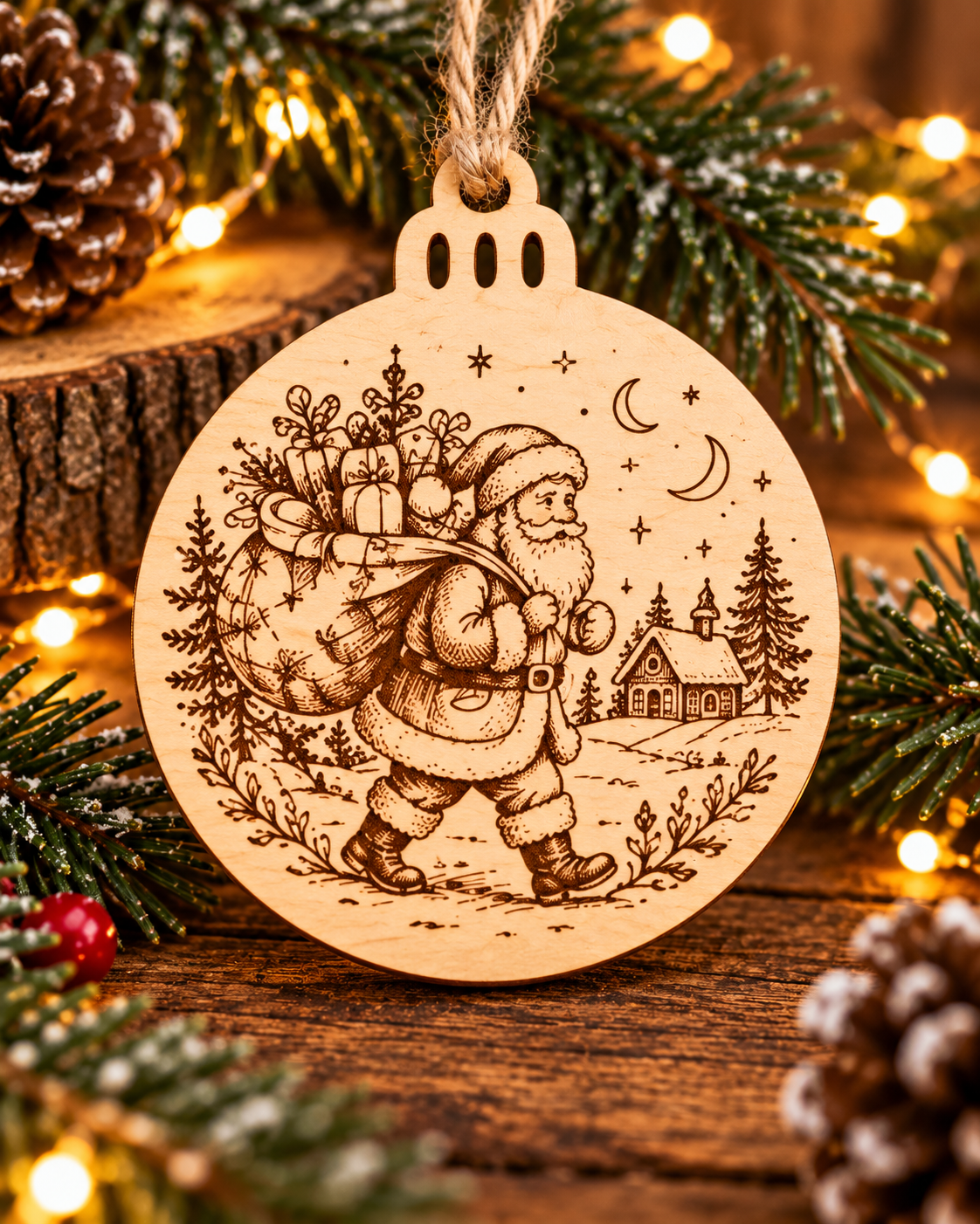Engraved Wooden Christmas Tree Ornament | Rustic Festive Bauble | Handmade Christmas Decoration