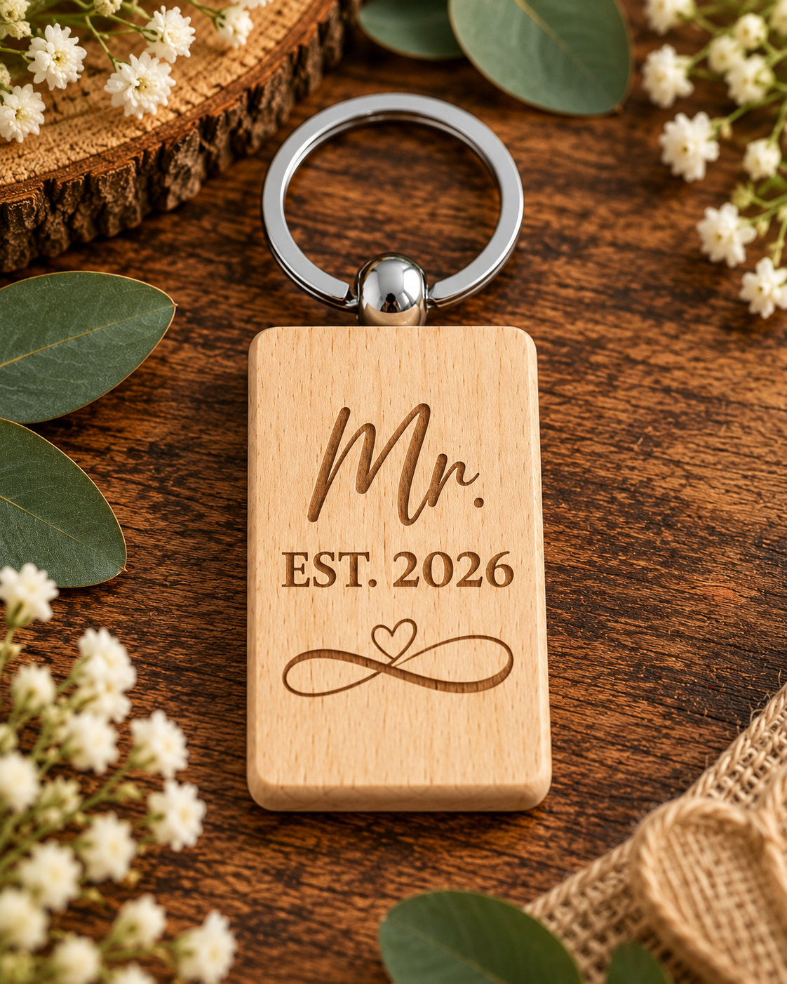 Personalised Wooden Couple Keyring | Mr and Mrs Wedding Keychain | Anniversary Gift | Engraved Relationship Keepsake