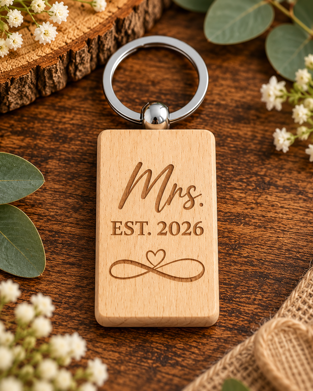 Personalised Wooden Couple Keyring | Mr and Mrs Wedding Keychain | Anniversary Gift | Engraved Relationship Keepsake