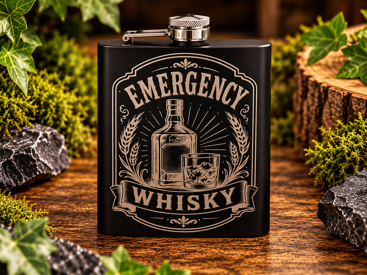 8oz Engraved Whisky Hip Flask | Black Stainless Steel Flask | Unique Decorative Designs | Gift for Whisky Lovers