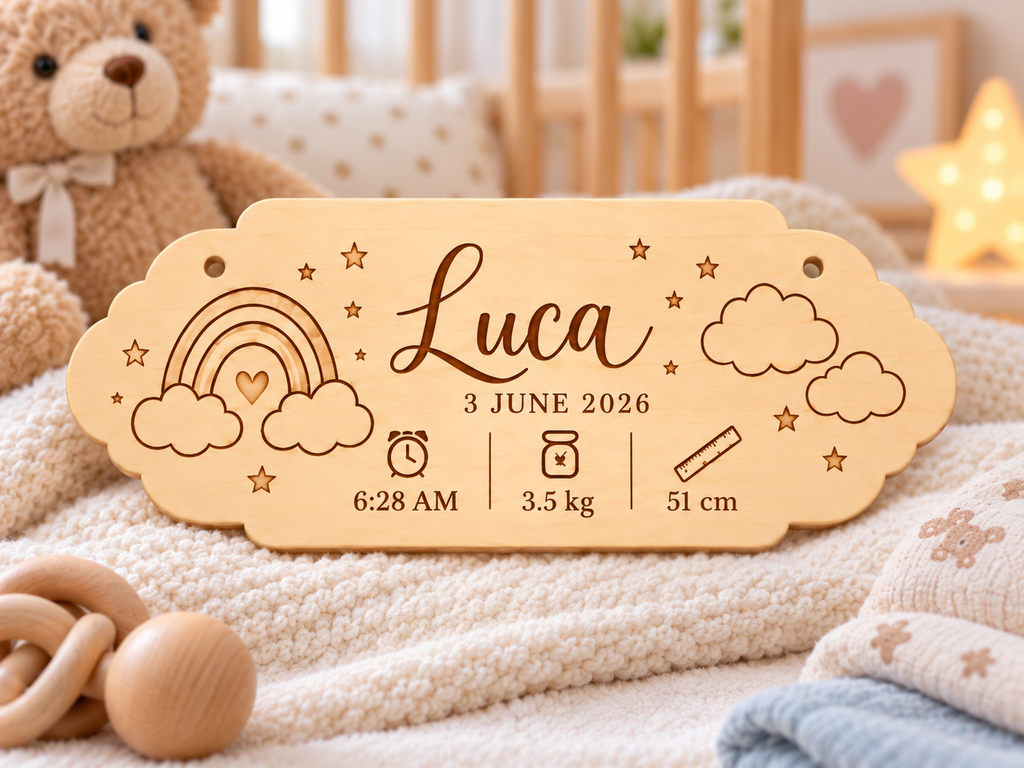 Personalised Baby Birth Plaque | Custom Engraved Newborn Keepsake Sign | Wooden Nursery Decor Gift