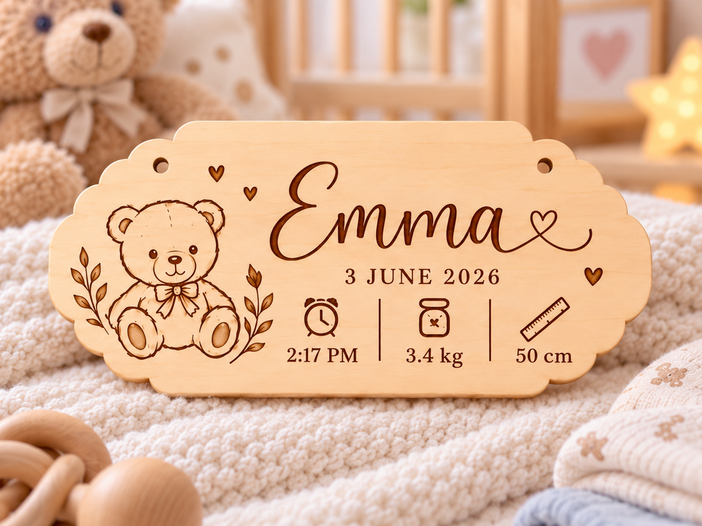 Personalised Baby Birth Plaque | Custom Engraved Newborn Keepsake Sign | Wooden Nursery Decor Gift