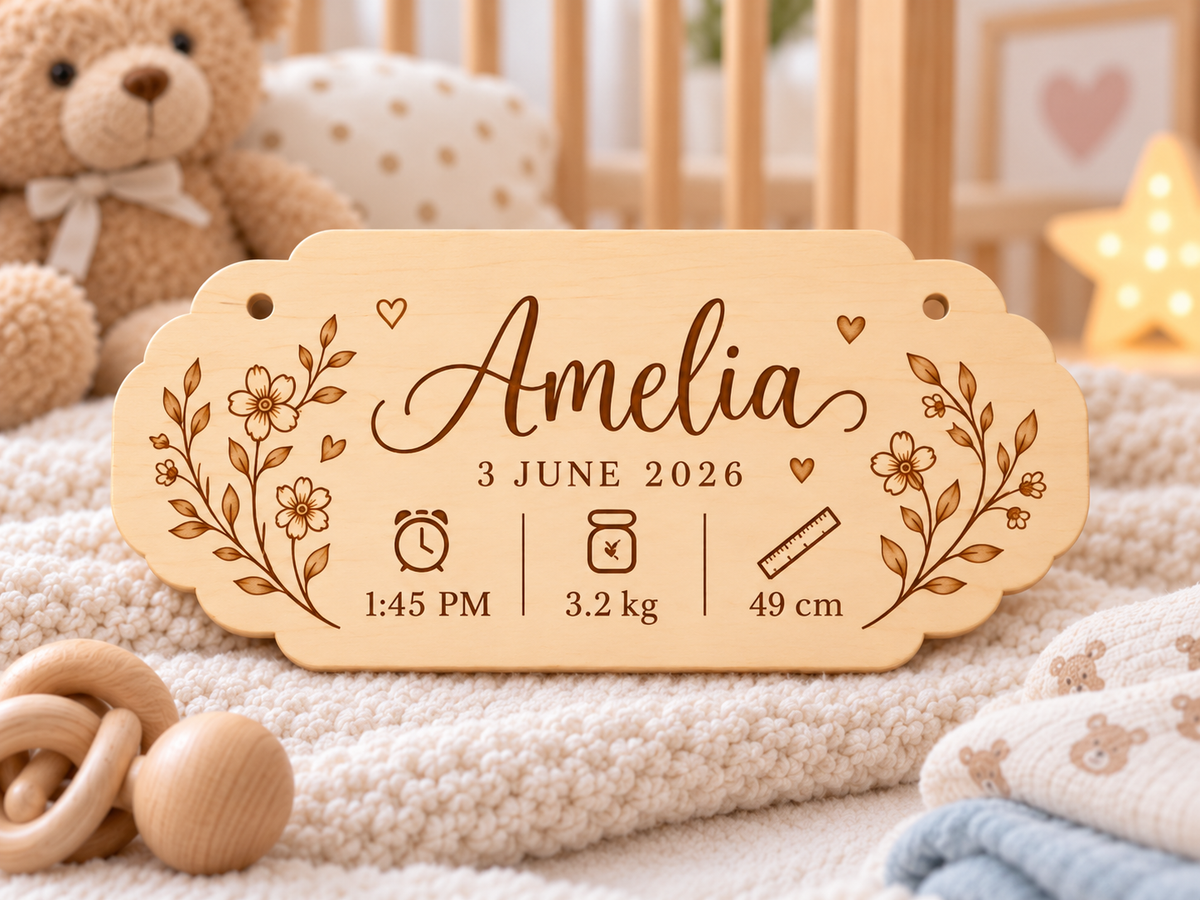 Personalised Baby Birth Plaque | Custom Engraved Newborn Keepsake Sign | Wooden Nursery Decor Gift