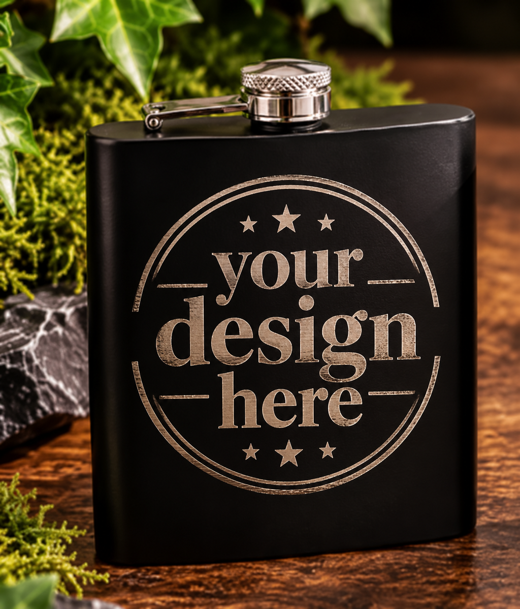 8oz Engraved Whisky Hip Flask | Black Stainless Steel Flask | Unique Decorative Designs | Gift for Whisky Lovers