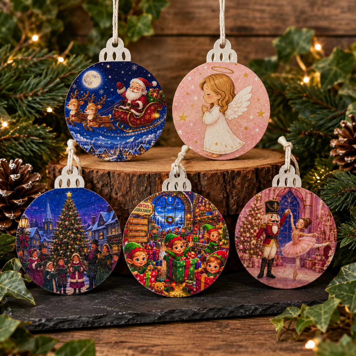 Wooden Printed Christmas Tree Ornament | Decorative Festive Bauble | Handmade Hanging Decoration | Christmas Keepsake