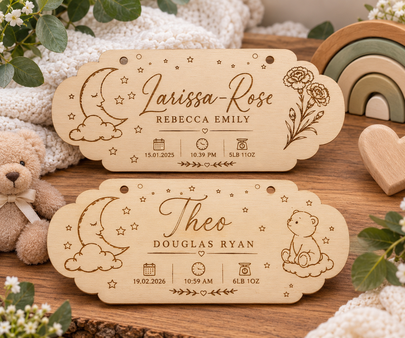 Personalised Baby Birth Plaque | Custom Engraved Newborn Keepsake Sign | Wooden Nursery Decor Gift