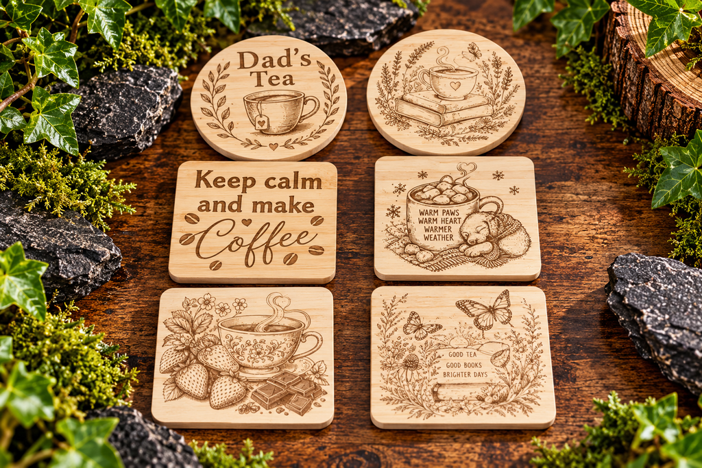 Engraved Wooden Coffee Coaster | Rustic Laser-Cut Drink Mat (Gift for Coffee Lovers)
