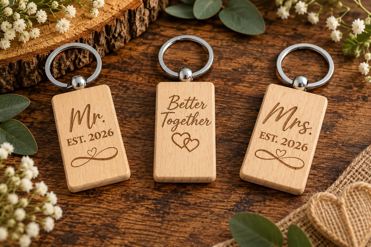 Personalised Wooden Couple Keyring | Mr and Mrs Wedding Keychain | Anniversary Gift | Engraved Relationship Keepsake